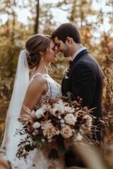National Wedding Planning Day Romantic autumn wedding couple in forest embracing with elegant floral bouquet