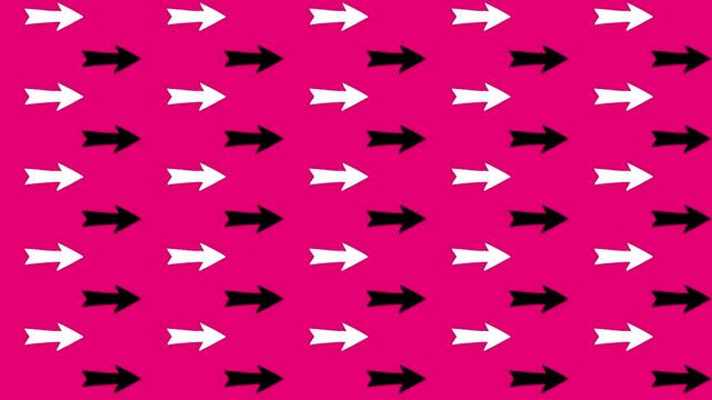 Looping animation of white and black arrows moving in opposite directions on a bright pink background. Clean seamless pattern perfect for transitions, backgrounds, or animated overlays.