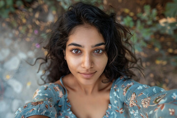 Naklejka premium AI generated picture of smiling female blogger taking a selfie