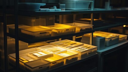 Organized lab supplies in illuminated storage.