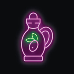 Obraz premium Bright neon sign depicting a traditional olive oil jar with olives and leaves, glowing on a dark background