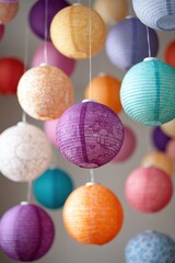 Zhonghe Festival Colorful hanging paper lanterns in various patterns and vibrant hues