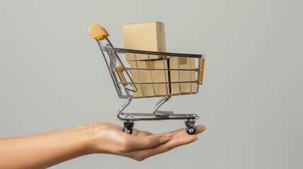 A shopping cart with a package signifies the ecommerce and retail delivery trend, emphasizing online shopping. Related keywords shopping, package, hand, ecommerce, online, delivery