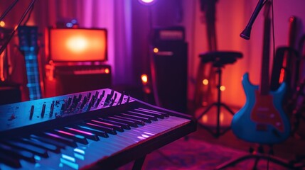 Colorful music studio with keyboard, guitar, and amp.