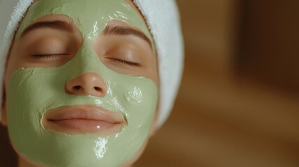 Fototapeta premium Caucasian young female relaxing with green facial mask at spa