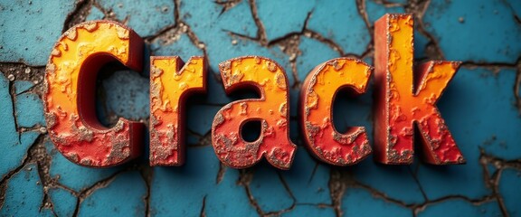 The striking word Crack stands out in fiery orange and red hues, set against a textured, cracked blue surface. This dynamic image captures the essence of contrast and decay, evoking feelings of