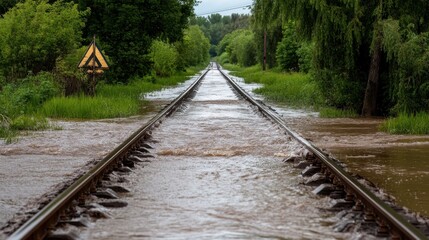 Fototapeta premium REACT Month Flooded railroad tracks surrounded by lush greenery in a rural setting
