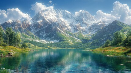 Fototapeta premium Scenic mountain landscape with a serene lake and lush greenery.