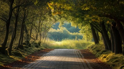 A serene path lined with lush green trees invites exploration in a tranquil nature setting.