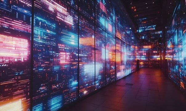 Abstract hallway with glowing screens displaying digital data streams and vibrant colors - Powered by Adobe