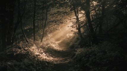 Obraz premium A serene forest path illuminated by soft rays of light peeking through the trees, creating a magical atmosphere.