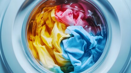 Colorful Clothes Spinning in Washing Machine Drum with Laundry Service Concept