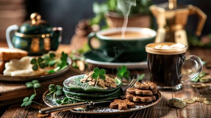 Fototapeta premium Cozy st. patrick’s day breakfast with matcha pancakes and coffee in rustic setting