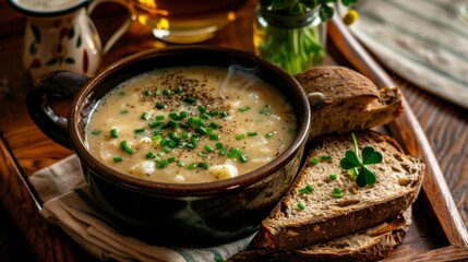 Rustic potato soup with herbs and rye bread on wooden table
