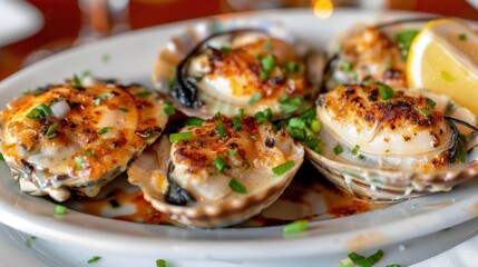 National Clams on the Half Shell Day Delicious grilled scallops with lemon and chives garnish for seafood dining experience