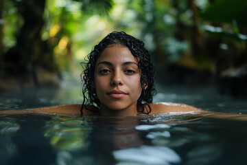 Obraz premium Generative AI illustration of beautiful girl relaxing in tropics