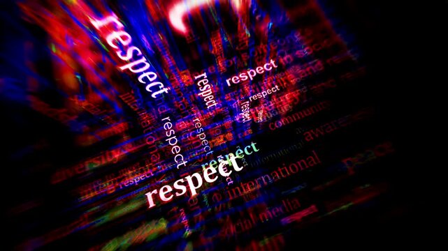 Respect tolerance and human rights headline news titles across media. Abstract concept displays loop. Flight between screens with glitch effect seamless looped 3d.