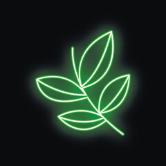 Green neon branch with leaves glowing on black background representing nature, growth and sustainability