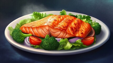 Healthy Fresh Grilled Salmon and Vegetables on a White Plate
