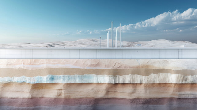 a crosssection of the earth with the top section being concrete foundation and pipes with the next section being section of rock and fossiles