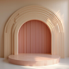 Pastel beige and peach podium for product presentation with elegant arch and soft lighting