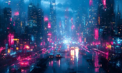 Neon Cityscape at Night with Reflected Lights and Rain on the Street
