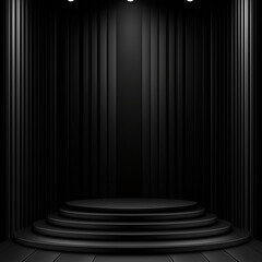 Black podium for product presentation with dramatic spotlight and textured backdrop