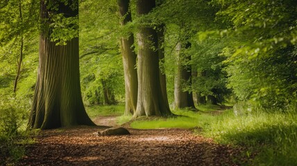 A serene pathway winds through a lush green forest, showcasing towering trees and dappled sunlight filtering through the leaves.