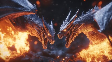 Fototapeta premium Dueling dragons create chaos in a serene and magical forest realm photo