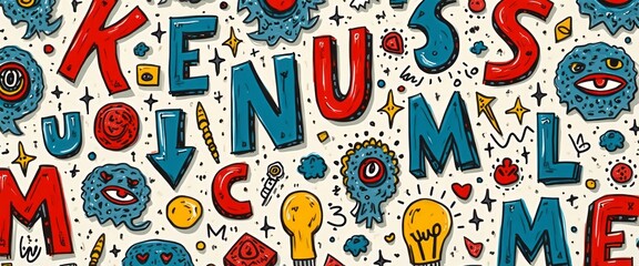 A lively collage of colorful letters and quirky doodles bursts with energy, inviting creativity and fun. This captivating design features playful elements like light bulbs, eyes, and hearts, making it