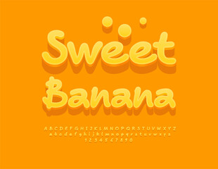 Vector tasty label Sweet Banana. Artistic 3D Font. Modern Yellow Alphabet Letters and Numbers.
