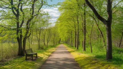 Fototapeta premium A serene path flanked by vibrant green trees, inviting tranquility and calmness during a sunny day in spring.