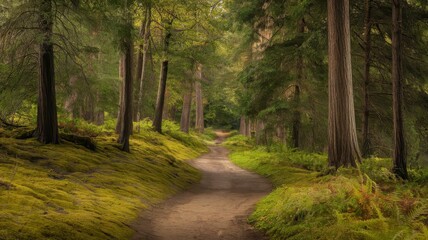 Serene forest pathway surrounded by lush greenery, inviting exploration and tranquility.