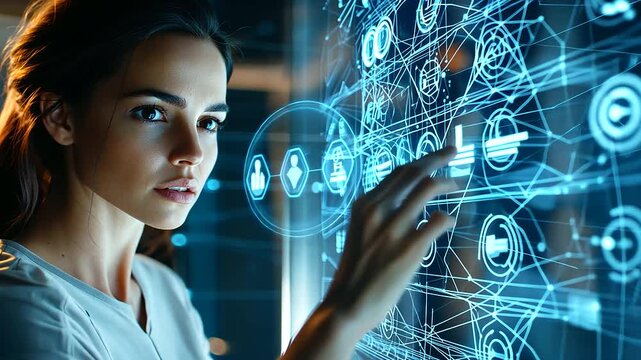 Futuristic Woman Interacting with High Tech Computer Interface