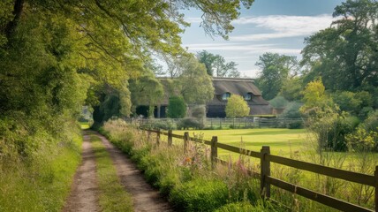 Fototapeta premium A serene rural scene featuring a thatched cottage nestled among trees, with a winding dirt path and lush greenery in the foreground.