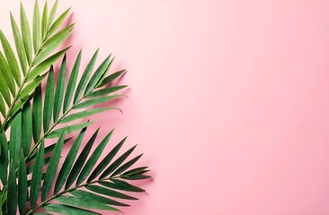 Green palm leaves on pastel pink background. Copy space