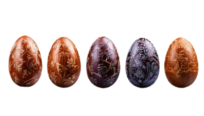 Selection of five elaborate and symbolic Easter eggs decorated with intricate floral motifs and patterns, isolated on transparent or white background.