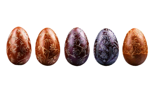 Selection of five elaborate and symbolic Easter eggs decorated with intricate floral motifs and patterns, isolated on transparent or white background.
