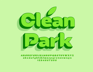 Vector Eco sign Clean Park. Fashion Green Font. Isometric Alphabet Letters and Numbers set.