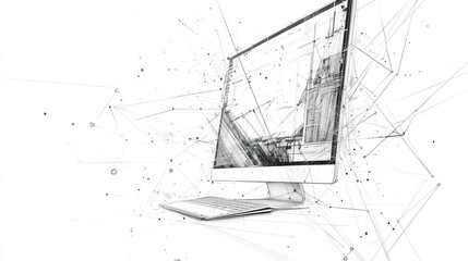 Computer displaying 3D architectural model, digital network connection.