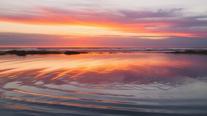 Fototapeta premium A stunning sunset casts vibrant hues over calm waters, creating a tranquil atmosphere filled with colors of orange, pink, and purple.