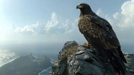 Fototapeta premium Majestic sea eagle perches on rocky cliff overlooking vibrant ocean landscape