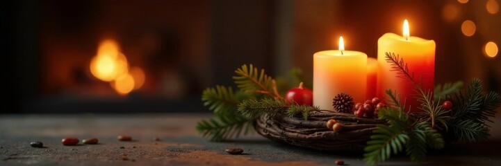 Flickering candlelight on a rustic wooden wreath, wood, fireplace