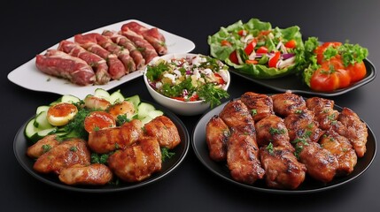 Fototapeta premium Deliciously Cooked Meat Dishes for Dinner Grilled Chicken Beef Pork and Lamb with Fresh Vegetables and Salad