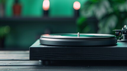 vintage turntable on wooden table with ambient green background