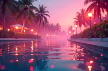 Resort with embankment, palms and lanterns in pink colors. 