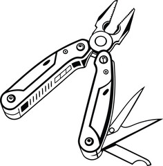 Multi Tool with Pliers and Blades Line - Silhouette of a Multi Tool Pliers Featuring Compact Blades and Versatile Functions for Everyday Use