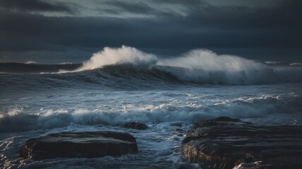 Naklejka premium Dramatic ocean waves crashing against rocky shore under a moody sky, capturing the raw power of nature in this mesmerizing seascape.