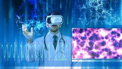 Smart doctor with VR glasses checking and looking at DNA hologram at laboratory. Professional medical worker wearing virtual reality headset while diagnosis genetic symptom. Technology. Apparatus.