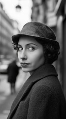 Fototapeta premium Portrait of an elegant French woman in the 1940s on a street in Paris. A beautiful French woman in black and white photography.